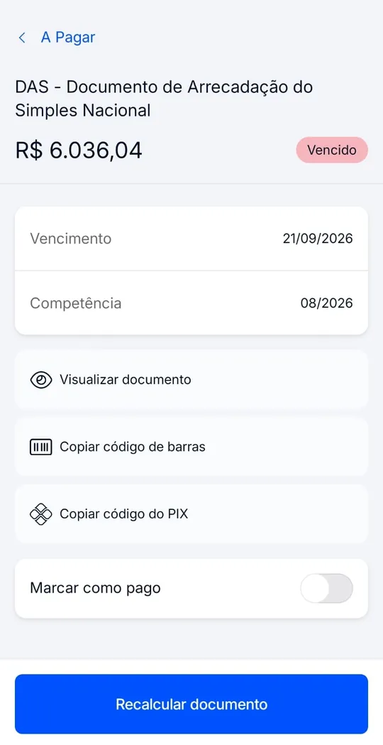 Guia DAS do Simples Nacional vencida no aplicativo da RBO Contabilidade, contabilidade em Teresina (PI), com botões de copiar código de barras, copiar código PIX, marcar como pago e recalcular documento