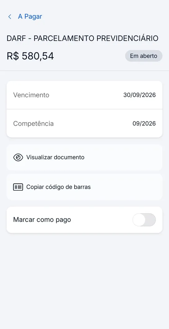 Detalhe de DARF de parcelamento previdenciário no aplicativo da RBO Contabilidade, com opção de copiar código de barras e marcar como pago