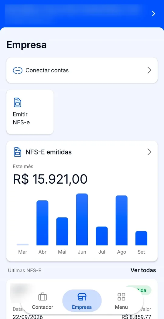 Tela Empresa do aplicativo da RBO Contabilidade, escritório de contabilidade em Teresina (PI), com o total de NFS-e emitidas no mês