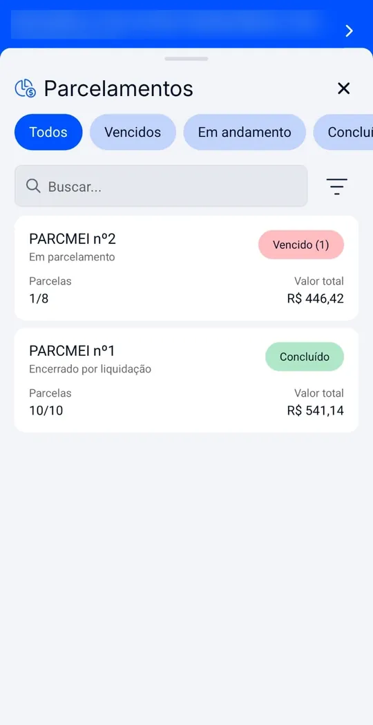 Tela Parcelamentos do aplicativo da RBO Contabilidade, contabilidade em Teresina (PI), com um parcelamento em andamento e outro concluído