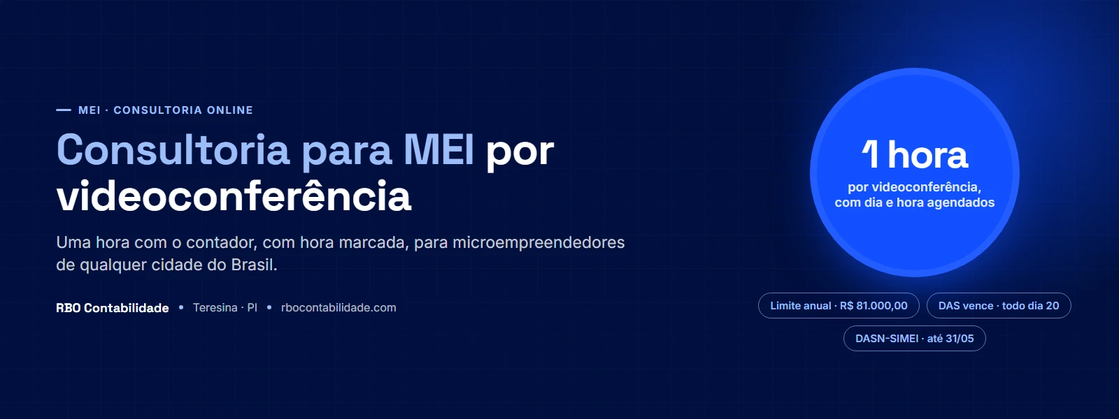 Contador em Teresina: Consultoria para MEI online por videoconferência: tela de reunião com o contador e painel com limite anual, DAS mensal e declaração anual