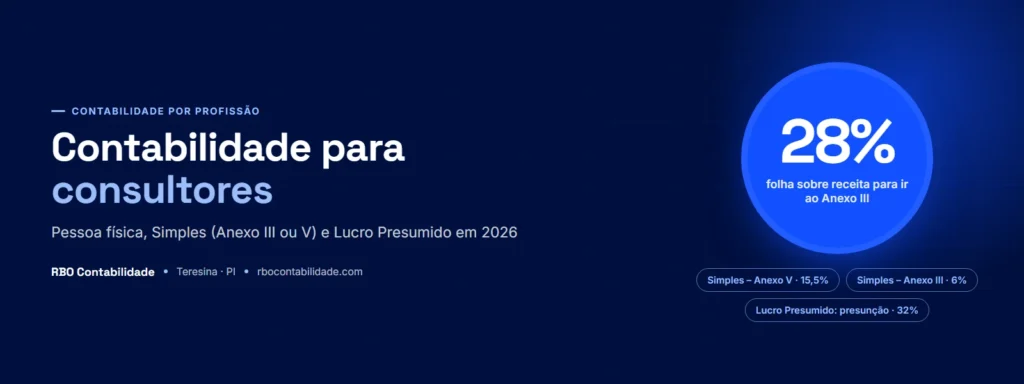 Contador em Teresina: Contabilidade para consultores: comparação entre pessoa física, Simples Nacional nos Anexos III e V e Lucro Presumido