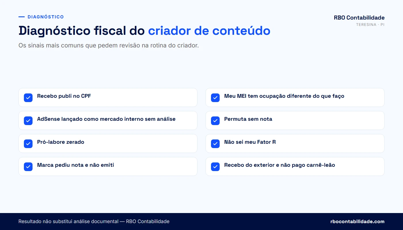 Contador em Teresina: Checklist visual de sinais de irregularidade fiscal do criador de conteúdo