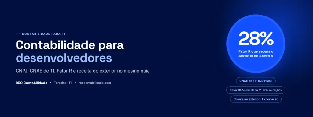 Contador em Teresina: Capa do guia de contabilidade para desenvolvedores da RBO Contabilidade, com os temas CNAE, Fator R e cliente no exterior
