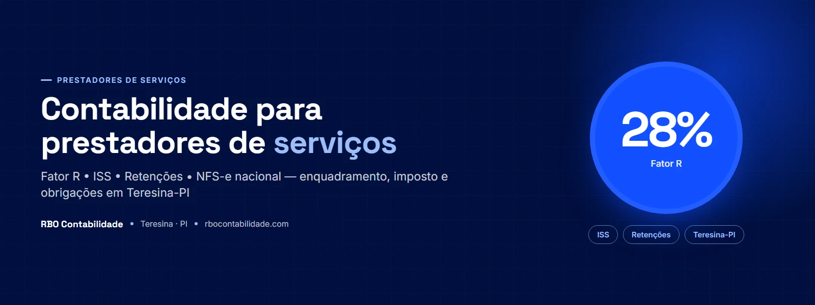 Contador em Teresina: Capa do guia de contabilidade para prestadores de serviços da RBO Contabilidade, com os temas Fator R, ISS, retenções e NFS-e nacional