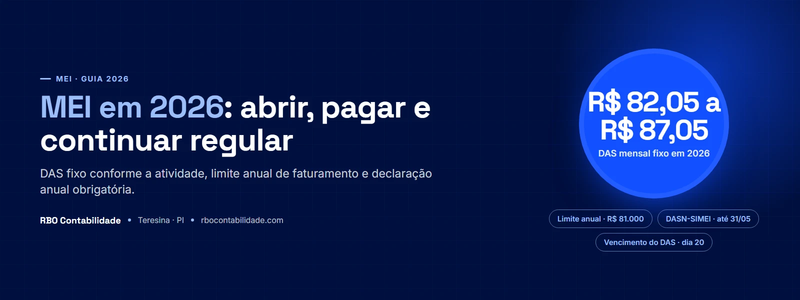 Contador em Teresina: Capa do guia do MEI em 2026 com o valor do DAS, o limite de R$ 81.000 e o prazo da declaração anual