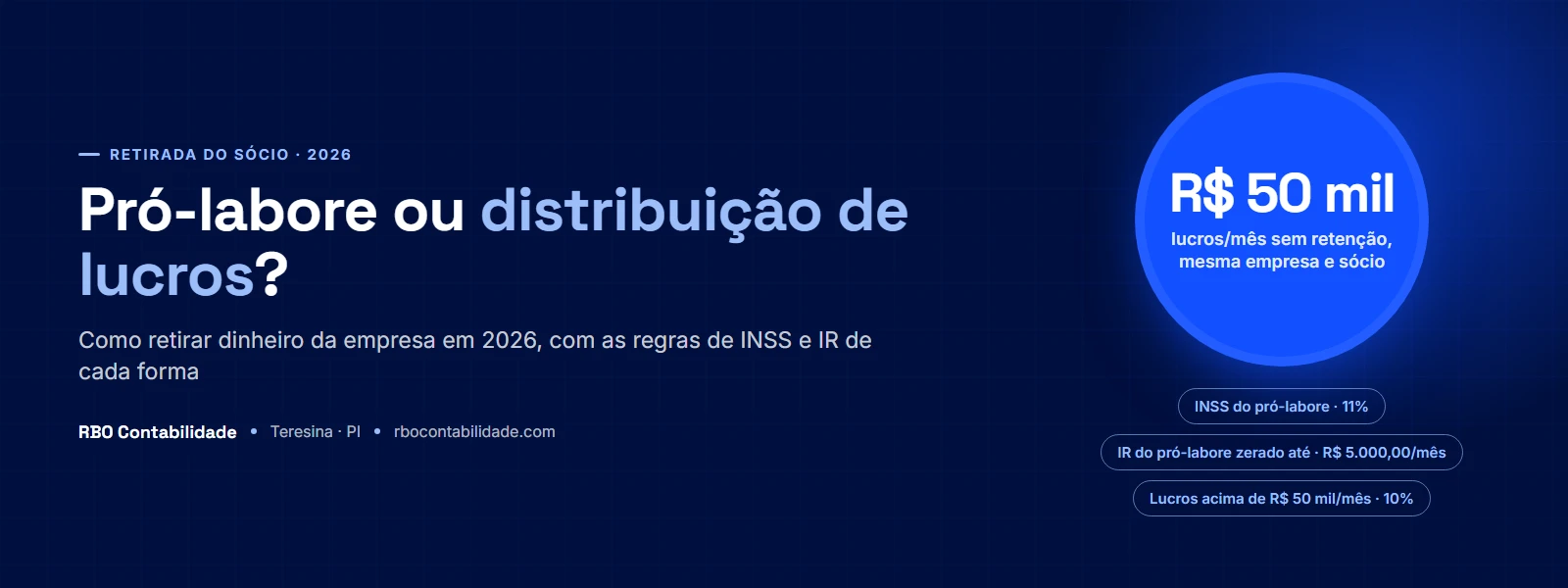 Contador em Teresina: Capa do guia pró-labore ou distribuição de lucros: duas colunas comparando a remuneração do sócio e o lucro distribuído em 2026